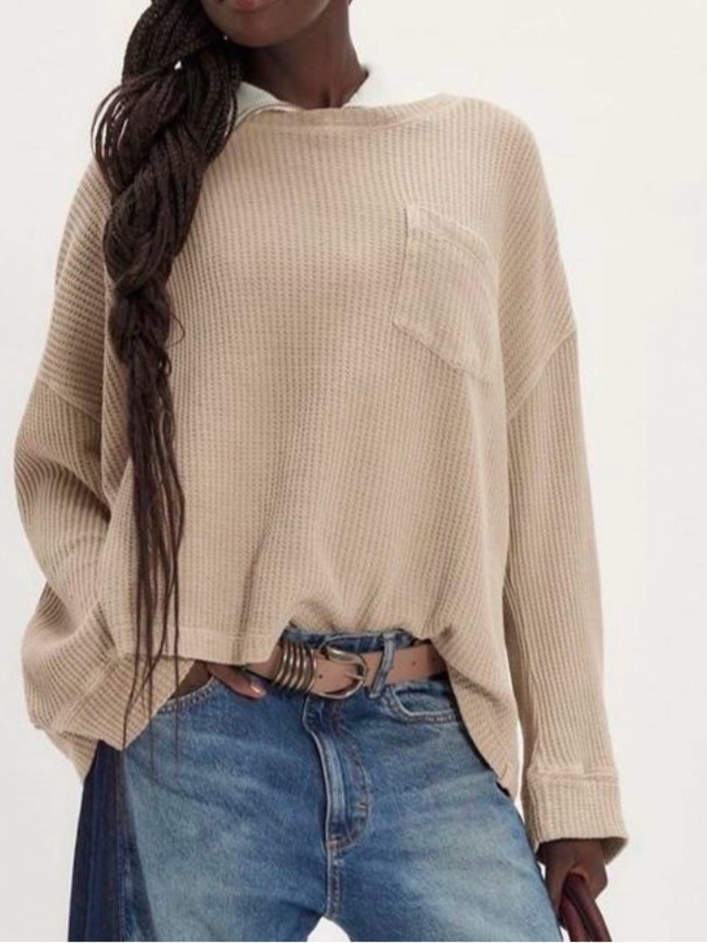 Free People Dawson Beige Waffle Knit Long Sleeve Thermal Top